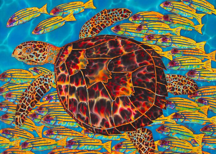 Sea Turtle Greeting Card featuring the painting Hawksbill Sea Turtle and Snappers by Daniel Jean-Baptiste