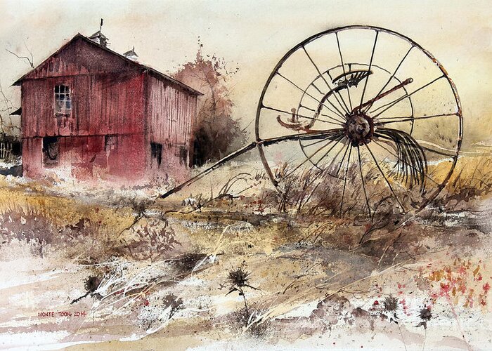 A Weathered Barn And A Rusty Hay Rake Decorate This Farmer's Field. Greeting Card featuring the painting Hay Rake by Monte Toon