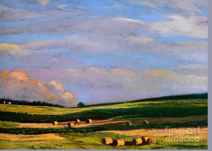 Farm Greeting Card featuring the painting Hay Rolls on the Farm in Westmoreland County Pennsylvania by Christopher Shellhammer