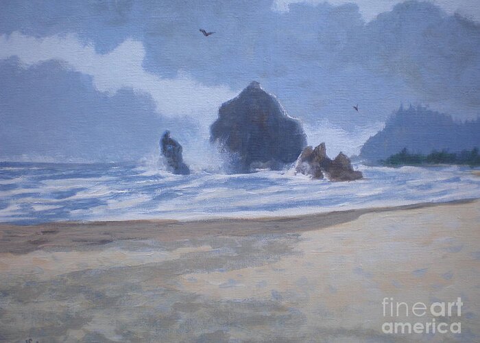 Seascape Greeting Card featuring the painting Haystack Rock Drama by Suzanne McKay
