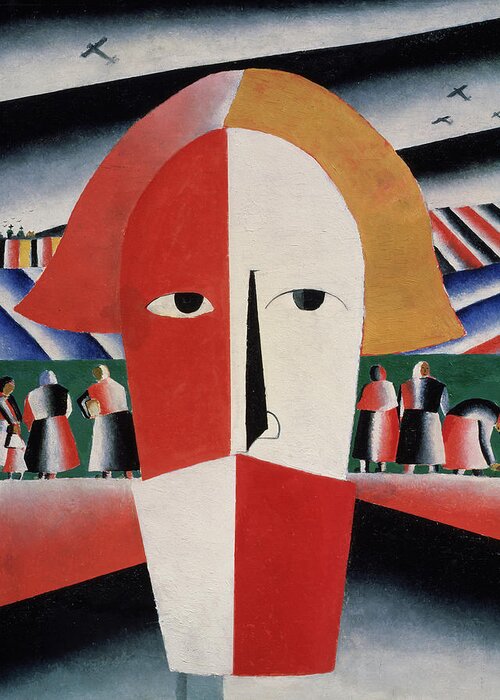 Head; Face; Peasant; Pesants; Worker; Workers; Working; Proletariat; Aeroplane; Aeroplanes; Airplane; Airplanes; Plane; Planes; Stylised; Primitive; Geometry; Geomtetric; Cubo-futurism; Cubo-futurist; Suprematist; Suprematism;black Greeting Card featuring the painting Head of a Peasant by Kazimir Malevich