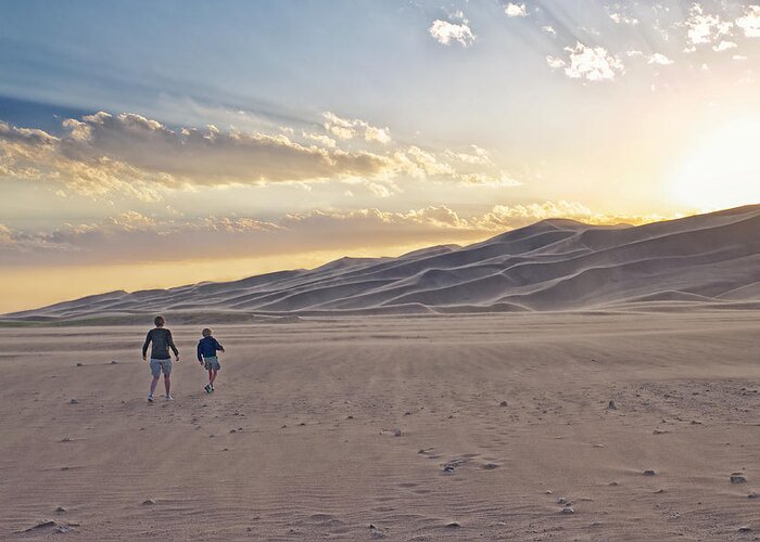 Sand Dunes Greeting Card featuring the photograph Headed Towards the Sun by Mary Lee Dereske