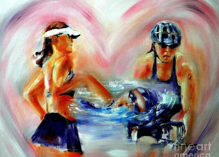 Triathlete Artwork Greeting Card featuring the painting Heart of the Triathlete by Sandy Ryan