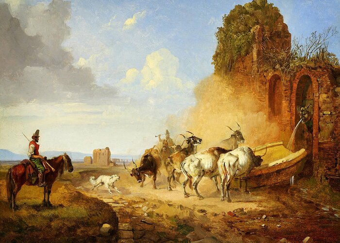 Heinrich Burkel Cattle Watering At A Fountain On The Via Appia A Tiqua Greeting Card featuring the painting Heinrich Burkel Cattle Watering at a Fountain on the Via Appia A tiqua by MotionAge Designs