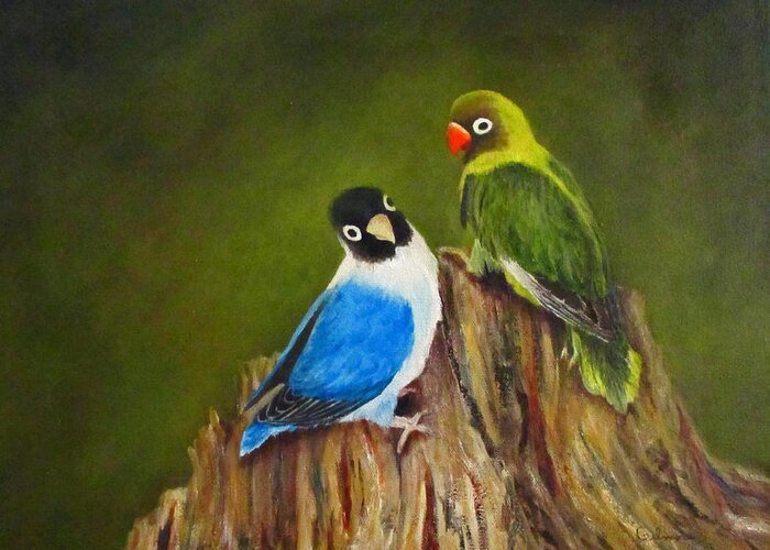 Parrots Greeting Card featuring the painting Hello by Roseann Gilmore