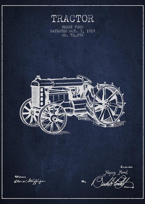 Henry Ford Greeting Card featuring the digital art Henry Ford Tractor Patent From 1919 - Navy Blue by Aged Pixel