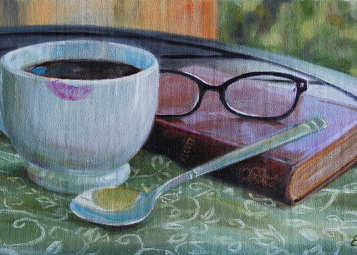 Her Morning Coffee Greeting Card featuring the painting Her Morning Coffee by Emily Olson