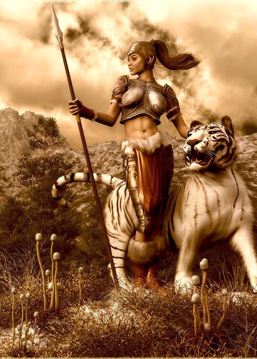 Warrior Girl Greeting Card featuring the digital art Heroic Amazon and White Tiger by Kaylee Mason