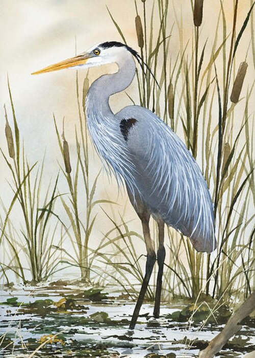 Heron Limited Edition Prints Greeting Card featuring the painting Heron and Cattails by James Williamson