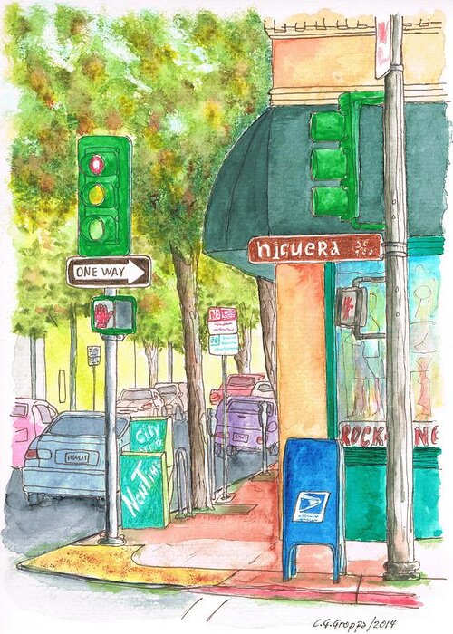 Higuera Street Greeting Card featuring the painting Higuera Sreet in San Luis Obispo, California by Carlos G Groppa