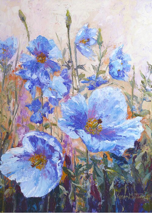 Himalayan Blue Poppies Greeting Card featuring the painting Himalayan Blue Poppies by Karen Mattson