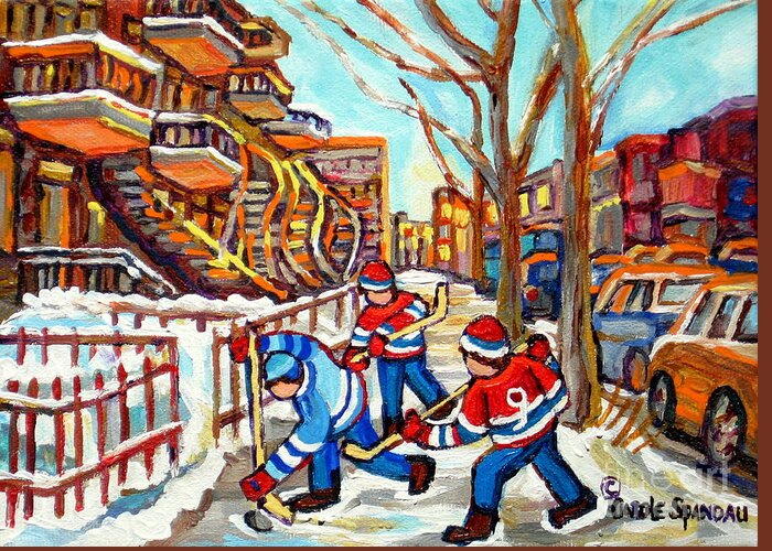 Montreal Greeting Card featuring the painting Hockey Game Near Montreal Staircases Winter Scenes Paintings Carole Spandau by Carole Spandau