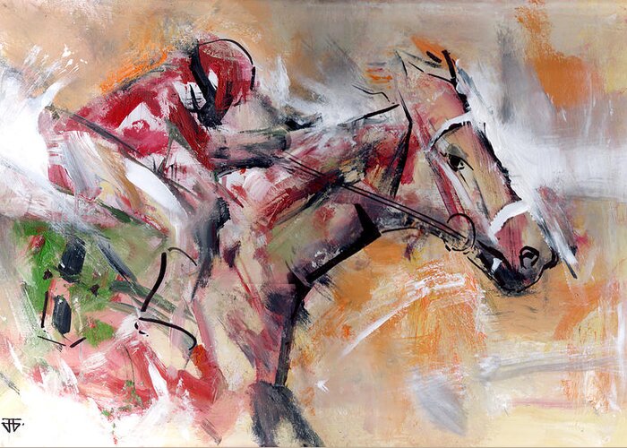Horse Racing Greeting Card featuring the painting Hold The Line Red by John Gholson