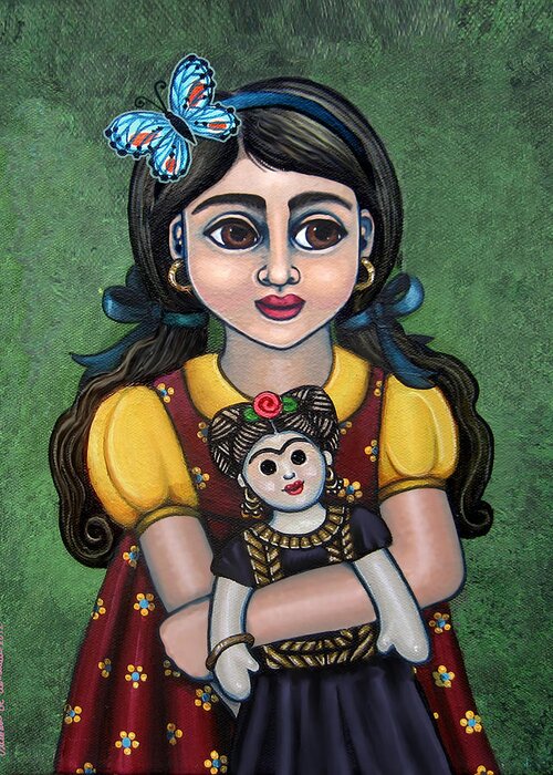 Frida Greeting Card featuring the painting Holding Frida with Butterfly by Victoria De Almeida