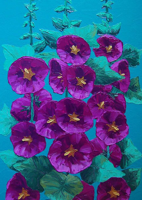Flower Greeting Card featuring the painting Hollyhocks by Cheryl Fecht