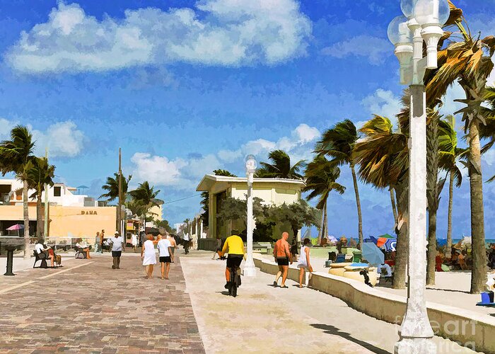 Tourists Greeting Card featuring the photograph Hollywood Beach Boardwalk in Florida - Painterly by Les Palenik