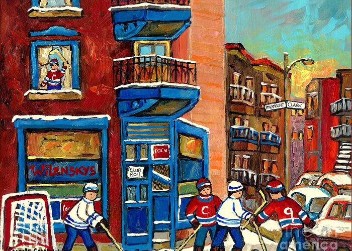 Montreal Greeting Card featuring the painting Best Selling Original Montreal Paintings For Sale Hockey At Wilensky's By Carole Spandau by Carole Spandau