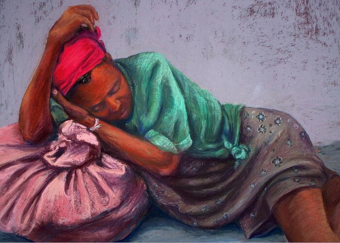Figurative Greeting Card featuring the pastel Homeless in Haiti by Marian Berg