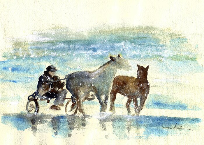 Travel Greeting Card featuring the painting Horse Carriage on A Beach in Ireland by Miki De Goodaboom