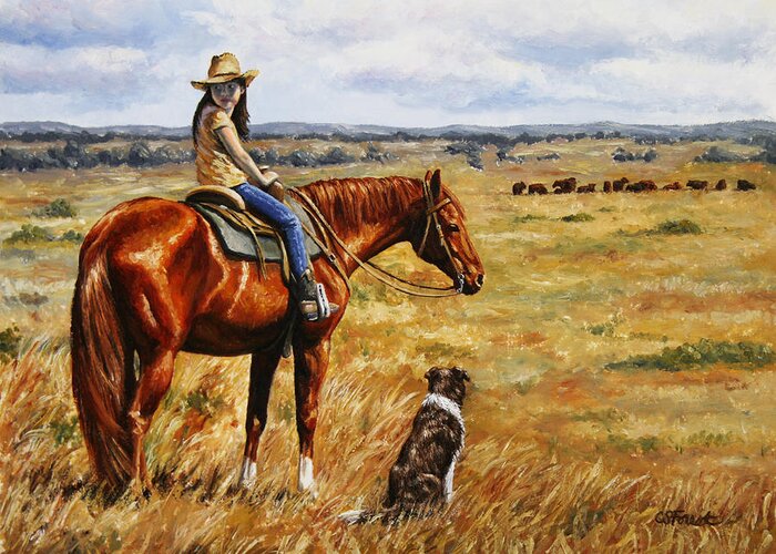 Western Greeting Card featuring the painting Horse Painting - Waiting for Dad by Crista Forest