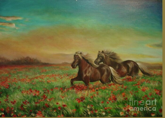 Horces Greeting Card featuring the painting Horses in the field with poppies by Sorin Apostolescu