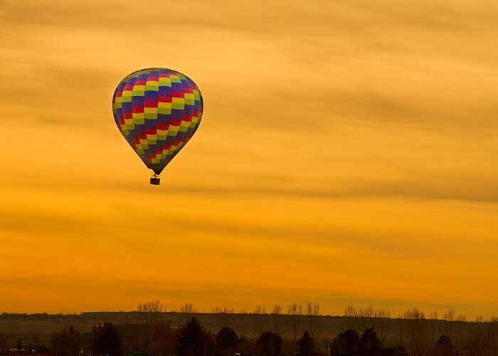'hot Air Balloon' Greeting Card featuring the photograph Hot Air Balloon in The Golden Sky by James BO Insogna