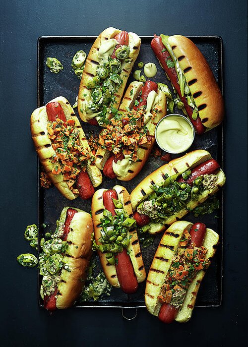 Spot Lit Greeting Card featuring the photograph Hot Dogs With Relish by Photograph By Eric Isaac