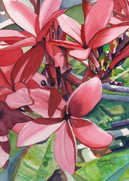Pink Plumeria Greeting Card featuring the painting Hot Pink Plumeria by Marionette Taboniar