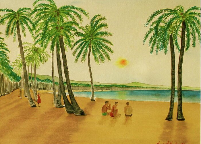 Palm Trees Sun Sand People Greeting Card featuring the painting Hot Sun Luquillo Beach Puerto Rico by Frank Hunter