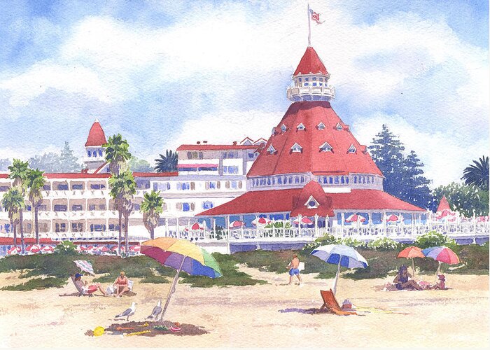 Pacific Greeting Card featuring the painting Hotel Del Coronado Beach by Mary Helmreich