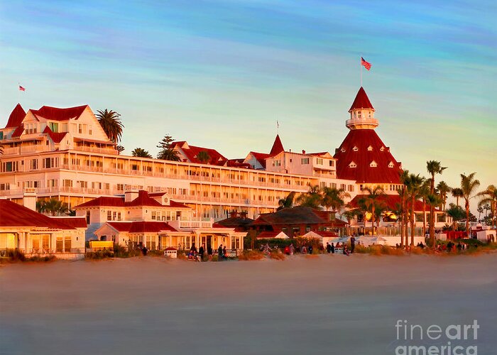 Hotel Del Sunset Coronado Greeting Card featuring the mixed media Hotel Del Sunset by Glenn McNary