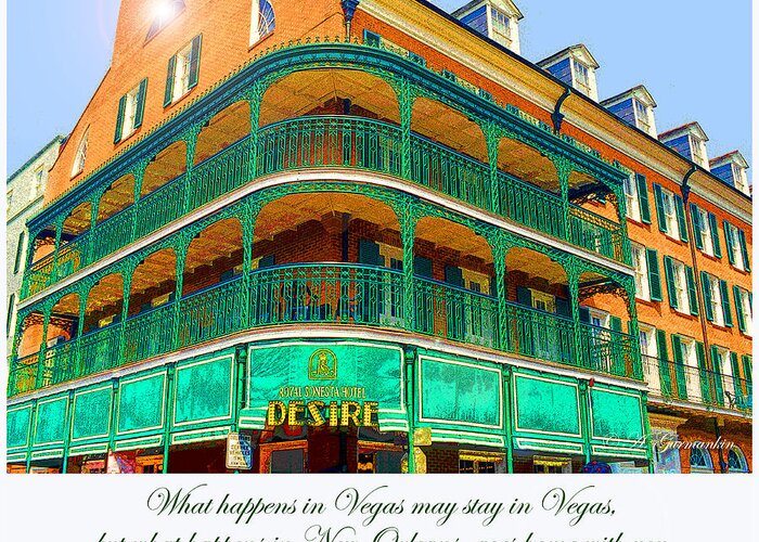 Hotel Greeting Card featuring the digital art Hotel on Bourbon Street New Orleans Louisiana by A Macarthur Gurmankin