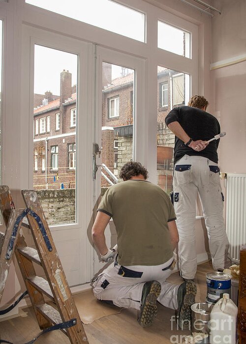 Brush Greeting Card featuring the photograph House painters at work by Patricia Hofmeester