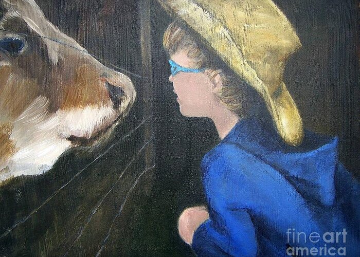 Portrait Of A Boy And His Cow Greeting Card featuring the painting How Now...? by Mary Lynne Powers