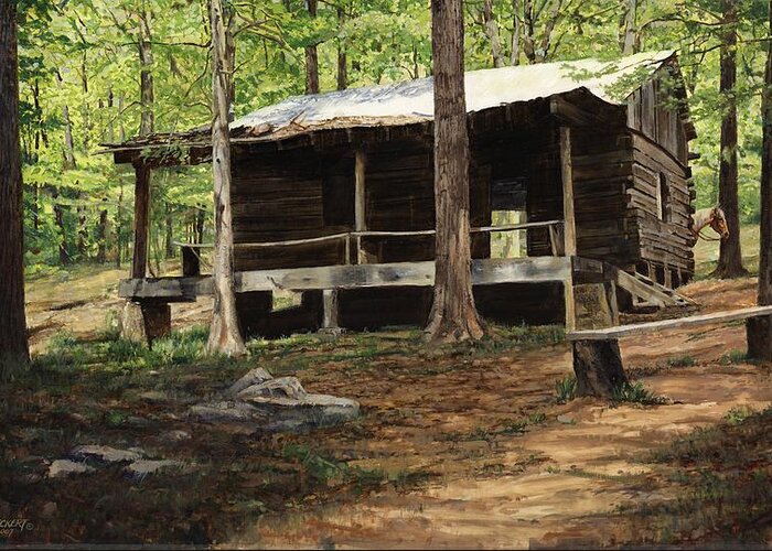 Don Langeneckert Greeting Card featuring the painting Howell Log Cabin - Hartshorn by Don Langeneckert