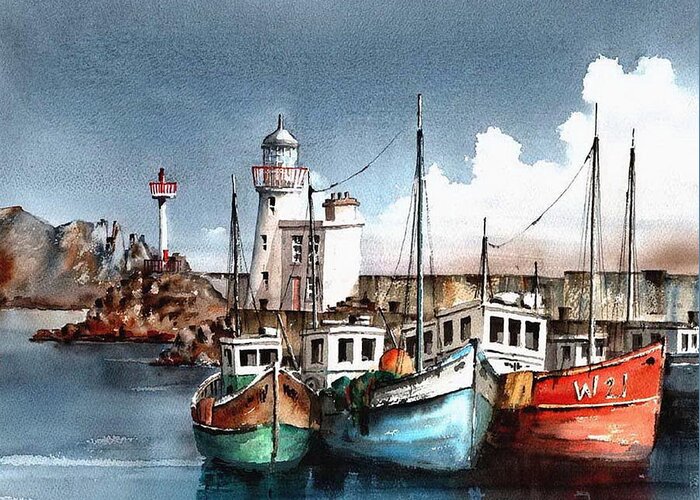 Val Byrne Greeting Card featuring the painting Howth Trawlers by Val Byrne