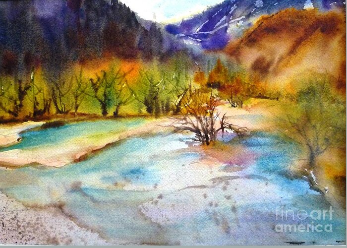 Huanglong Greeting Card featuring the painting Huanglong Fairyland by Betty M M Wong