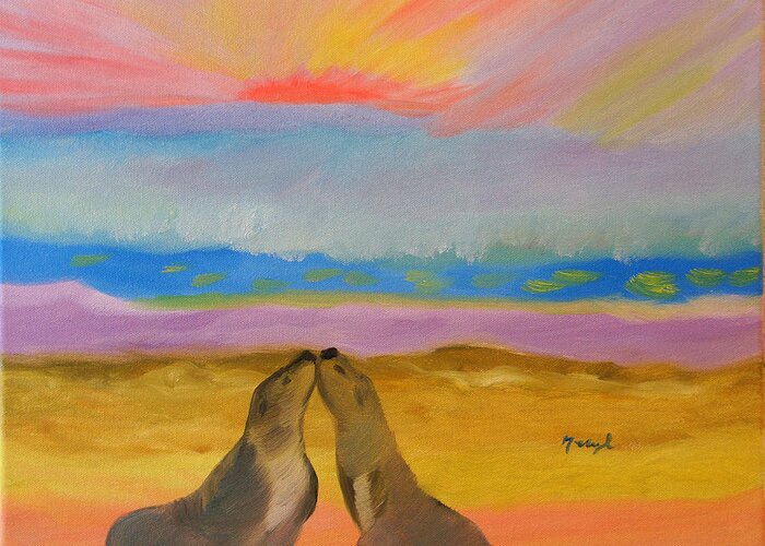 Sunset Greeting Card featuring the painting Sealed With A Kiss by Meryl Goudey