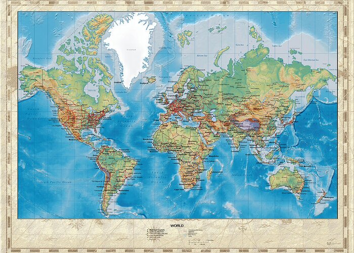 C7 Maps - Cartography Of Past And Present Greeting Card featuring the digital art Huge Hi Res Mercator Projection Physical and Political Relief World Map by Serge Averbukh