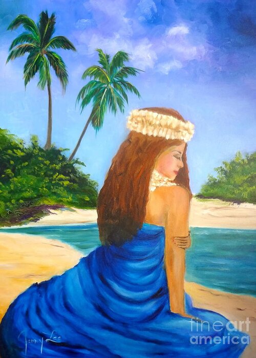 Hula Girl Greeting Card featuring the painting Hula Girl On The Beach by Jenny Lee