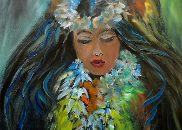 Haku Lei Greeting Card featuring the painting Hula by Jenny Lee