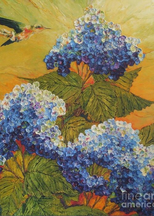 Hummingbird Art Greeting Card featuring the painting Hummingbird and Blue Hydrangea by Paris Wyatt Llanso