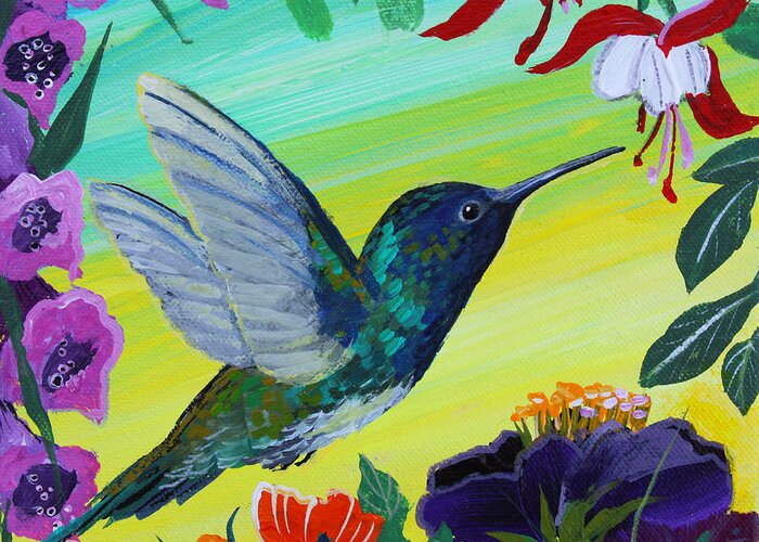 Hummingbird Gathering Nectar Greeting Card featuring the painting Hummingbird Gathering Nectar by Robin Pedrero