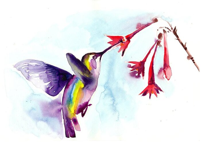 Watercolor Greeting Card featuring the painting Hummingbird in Red Flowers Watercolor by Tiberiu Soos