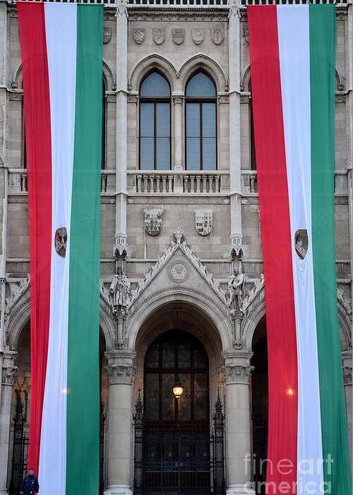 Flags Greeting Card featuring the photograph Hungary flag hanging at Parliament Budapest by Imran Ahmed