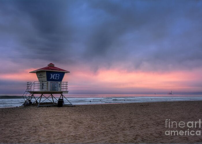 Clouds Greeting Card featuring the photograph Huntington Beach Lifeguard Tower by Eddie Yerkish