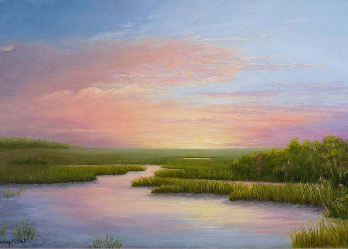 Sunset Over Marsh At Huntington Beach State Park At Coastal South Carolina Greeting Card featuring the painting Huntington Inspiration by Audrey McLeod