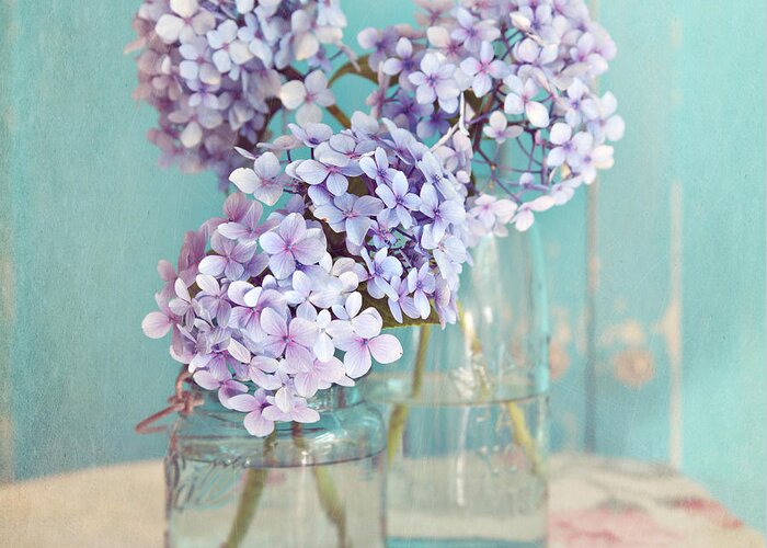 Hydrangea Greeting Card featuring the photograph Hydrangeas in mason jars by Sylvia Cook