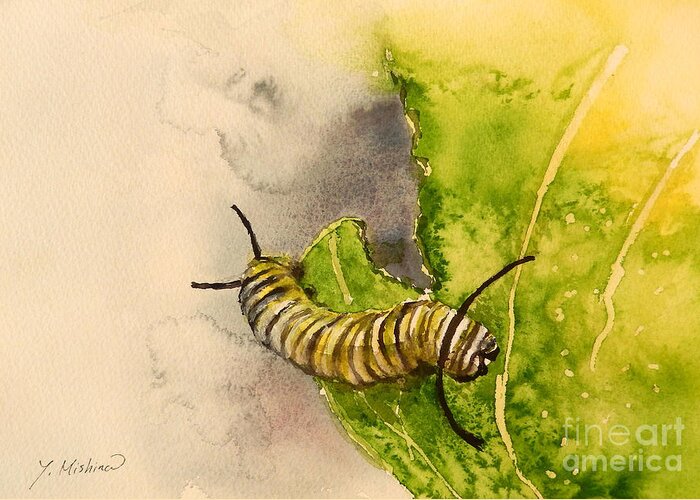 Insect Greeting Card featuring the painting I am Very Hungry - Monarch Caterpillar by Yoshiko Mishina