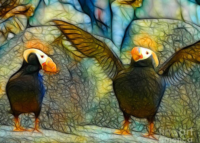 Puffins Greeting Card featuring the mixed media I love You This Much by Francine Dufour Jones